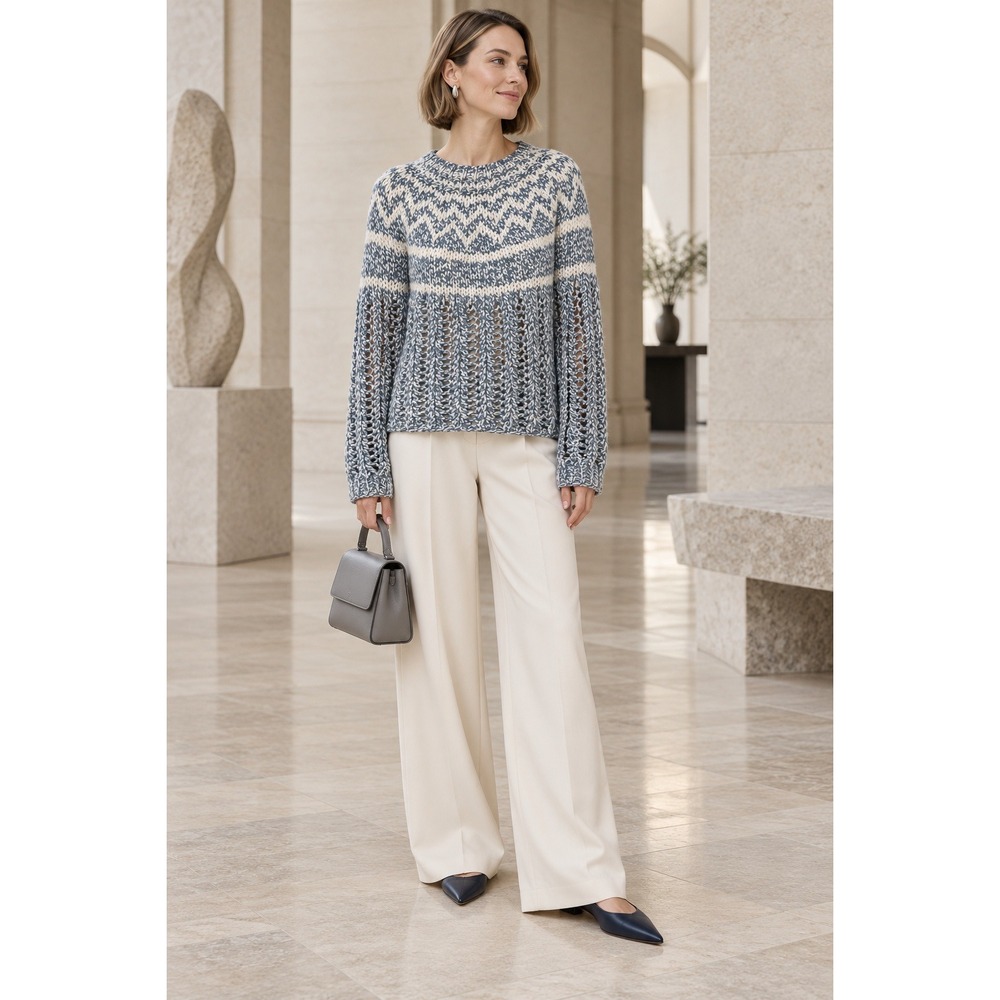 NEW Theory Chevron Fair Isle Sweater Blue Felted Wool Cashmere   S Nordic Chunky